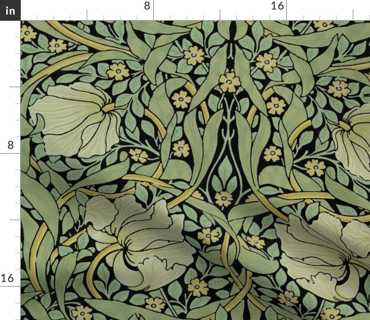 Victorian Floral Vintage Style Morris Inspired Damask Pimpernel Flowers Sage Black Custom Printed Fabric by Spoonflower Various Fabrics by the Yard or Fat Quarter